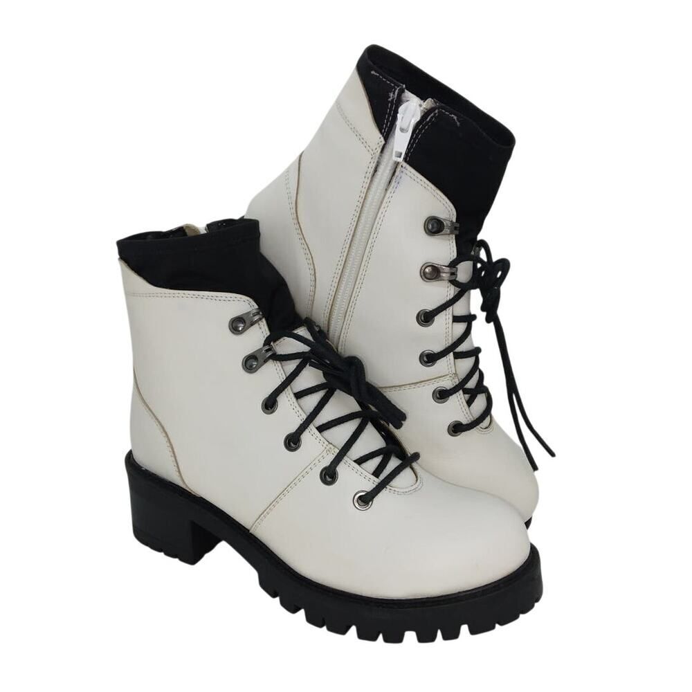 ENJOIYA Womens New w/Tags White & Black Combat Boots w/Zipper - Size: 7